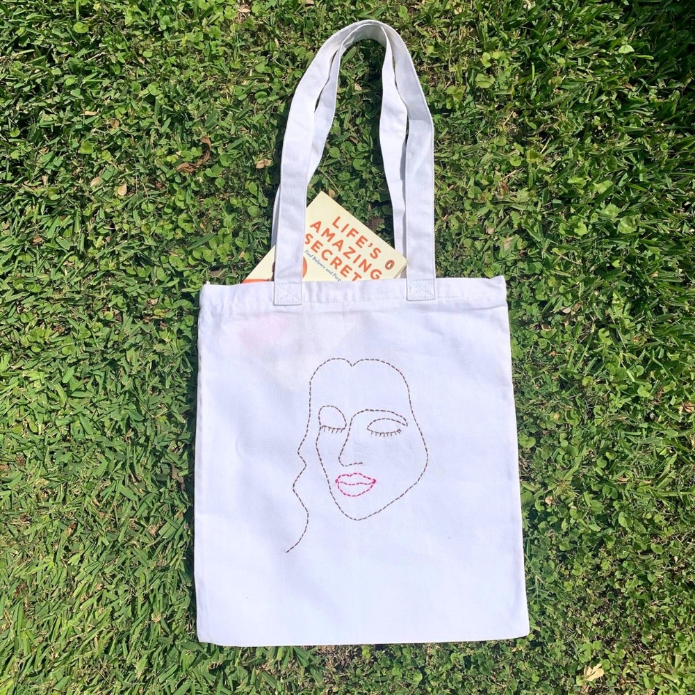 Handmade Canvas Tote Bag with Zipper Hand Embroide